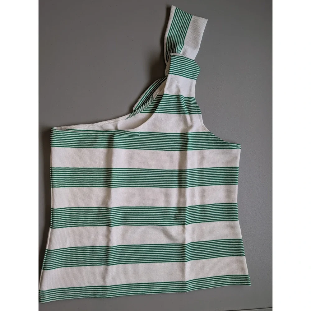 NWT Anthropologie Bishop + Young One-Shoulder Tie Tank Sz XL Green Striped C3412 - Picture 5 of 7